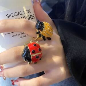 Elegant Red and Black Ladybug Ring 14 K Gold Plate Oversized High end quality